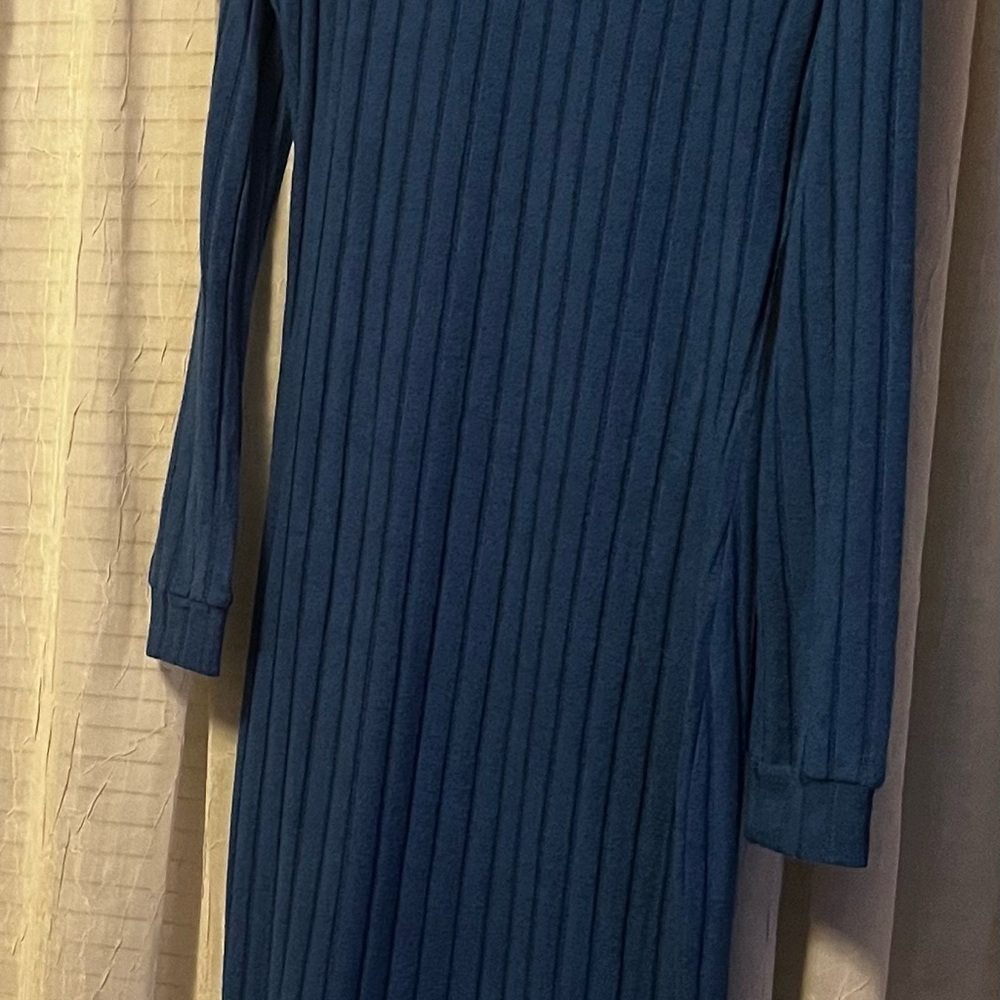 Blue Ribbed Long Sleeve Turtleneck Maxi Dress